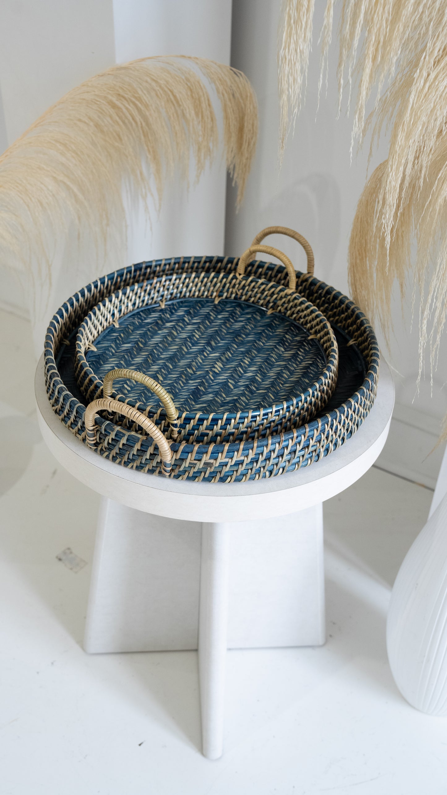 Round Rattan Tray - Navy Blue