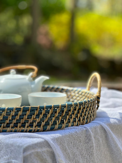 Round Rattan Tray - Navy Blue