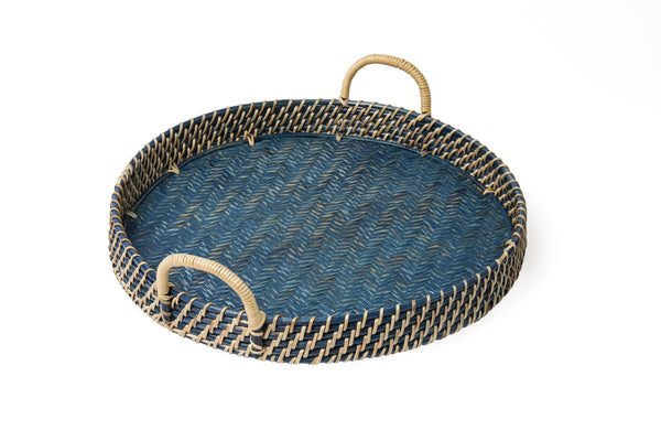 Round Rattan Tray - Navy Blue