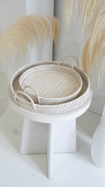 Round Rattan Tray - White